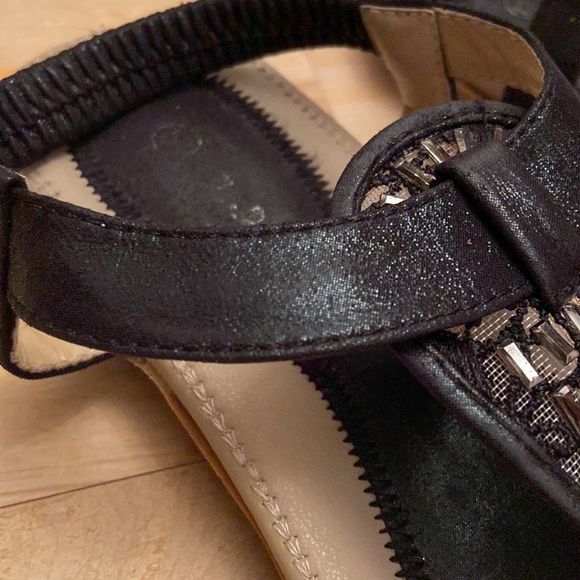 J.J’S Black Lace Jewelled Faux Leather Thong Sandals - Picture 6 of 9